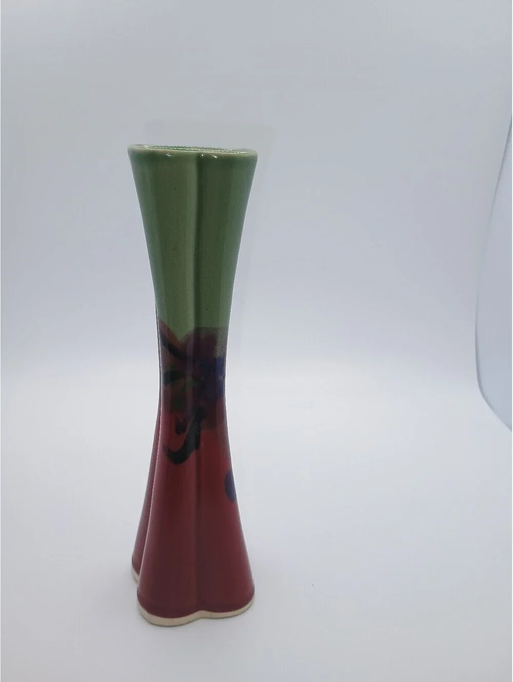 Vintage Ceramic Flower Vase with Green and Red Floral Design signed by Follette